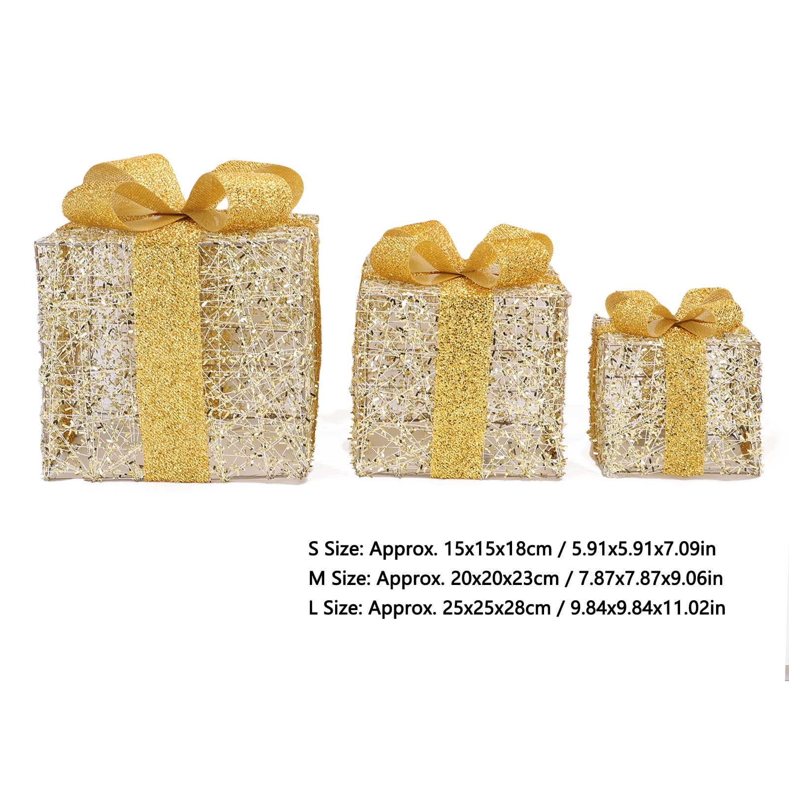 3-Piece Lighted Gold Iron Christmas Gift Box Decor - Battery-Powered String Light Xmas Present Boxes with Sequin Bow for Tree Skirt Yard Porch Holiday Decor