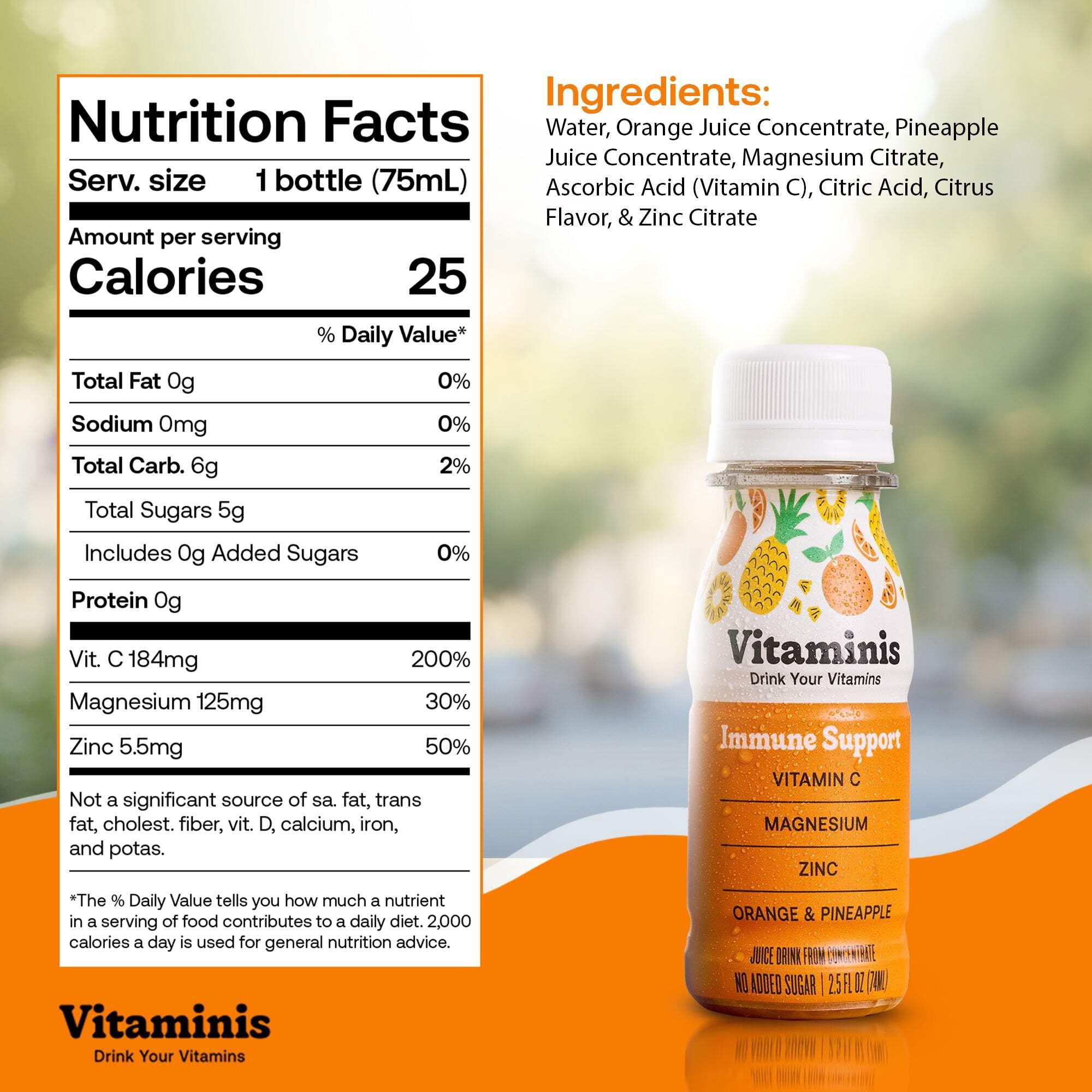 Vitaminis Immune Support Drink - Orange Pineapple Juice Drink with Vitamin C, Zinc & Magnesium - No Added Sugar - Ages 4+ - Shelf-Stable Mini Bottles - 2.5 fl oz - 12 Pack