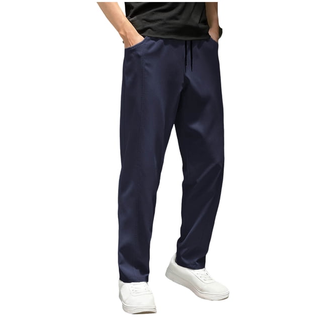 WRKEKC Casual Pants for Men Solid Color Elastic Waist Drawstring Pocket Relaxed Straight Leg Trousers for Leisure Activities