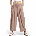 thumbnail image 2 of vigerkar Women's Summer Wide Leg Capri Pants Casual Loose FitcTrousers Drawstring Elastic Waist Pants Khaki, 3XL, 2 of 8