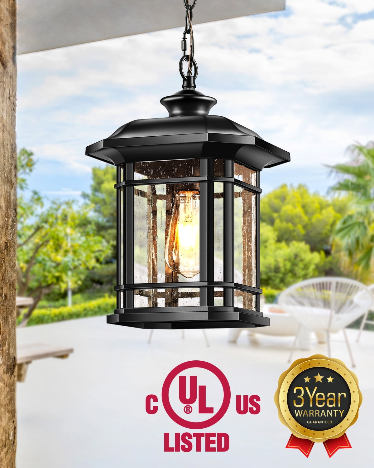 VIANIS Large Outdoor Pendant Light, Black Outdoor Chandelier Lantern, Anti-Rust Outdoor Hanging Lights, Porch Lights Outdoor Ceiling with Tempered Seed Glass for House