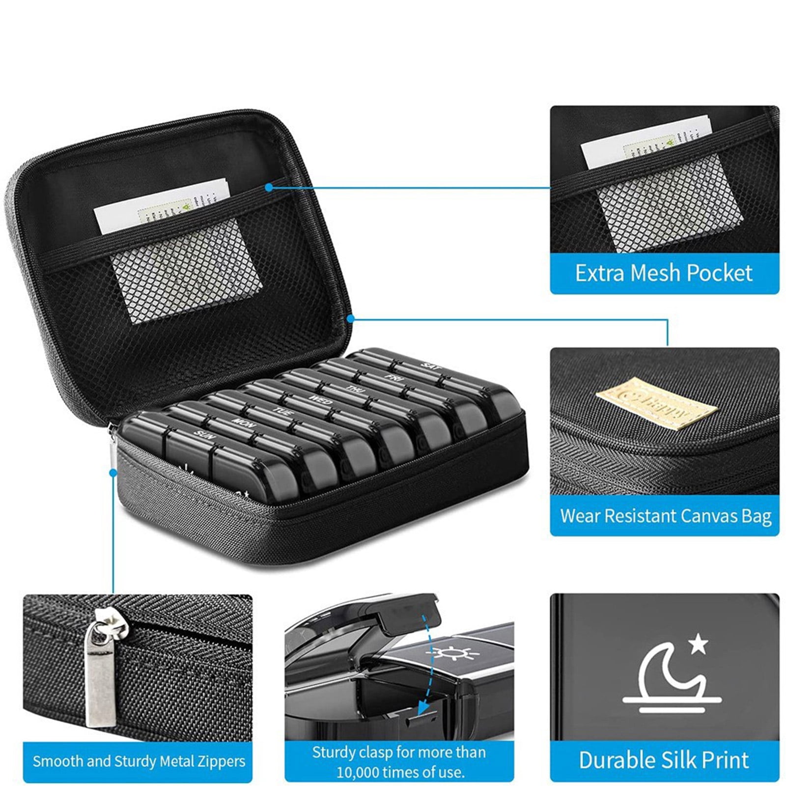 Geemin 7 Day for Pill Box with Zipper Cloth Bag Weekly for Pill Organizer Large Daily Medicine Organizer Box for Pills Vitamin