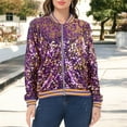 thumbnail image 3 of Women's Sequin Jacket Sparkle Long Sleeve Front Zip Casual Blazer Bomber Jacket With Pockets- XX Large, Purple and Gold, 3 of 6