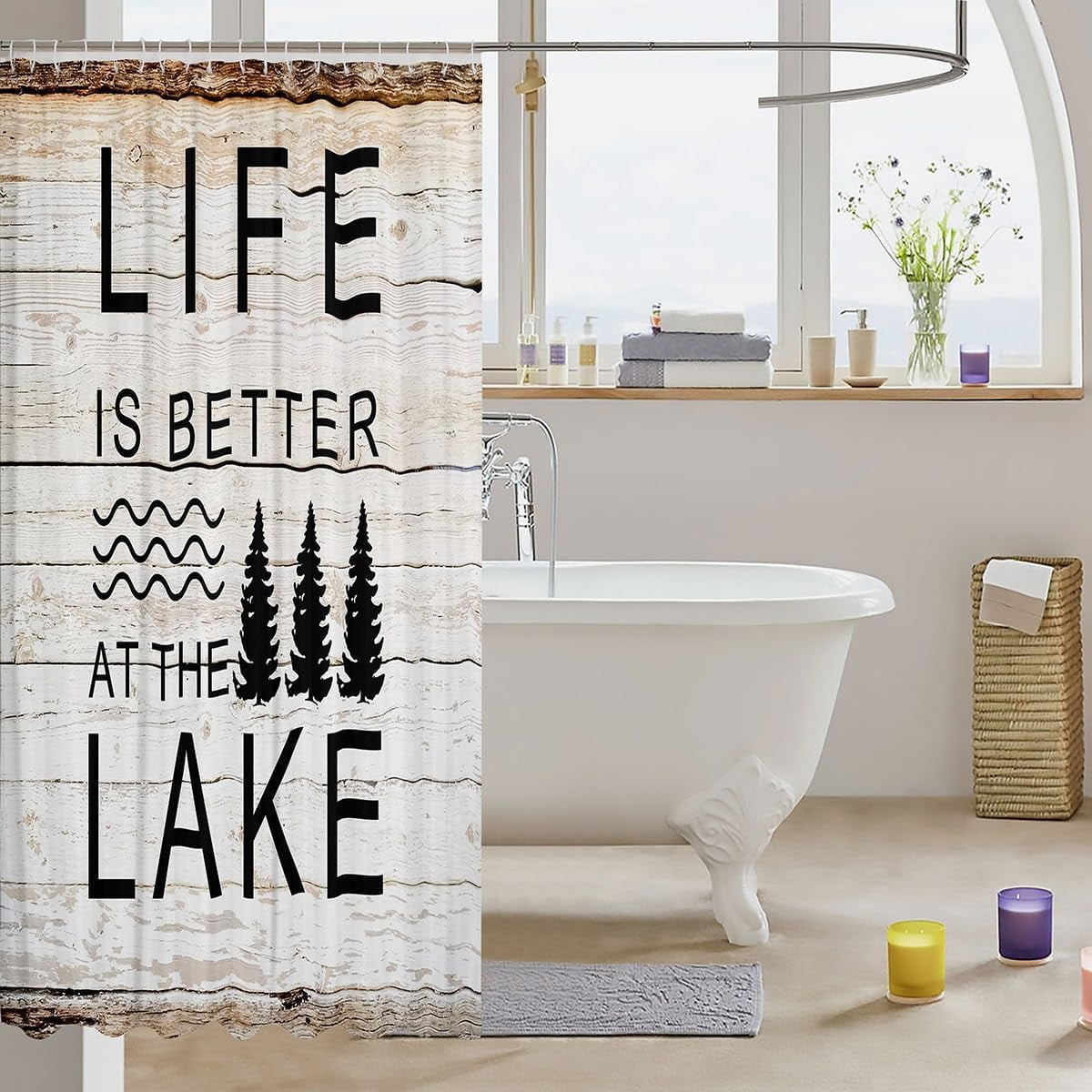 Lake Life Shower Curtain Trees Silhouette Bathroom Shower Curtain Set for Kids Adult Happy Camping Bath Curtain Brown and Black Waterproof Curtains Room Decor 72 x 72 Inch