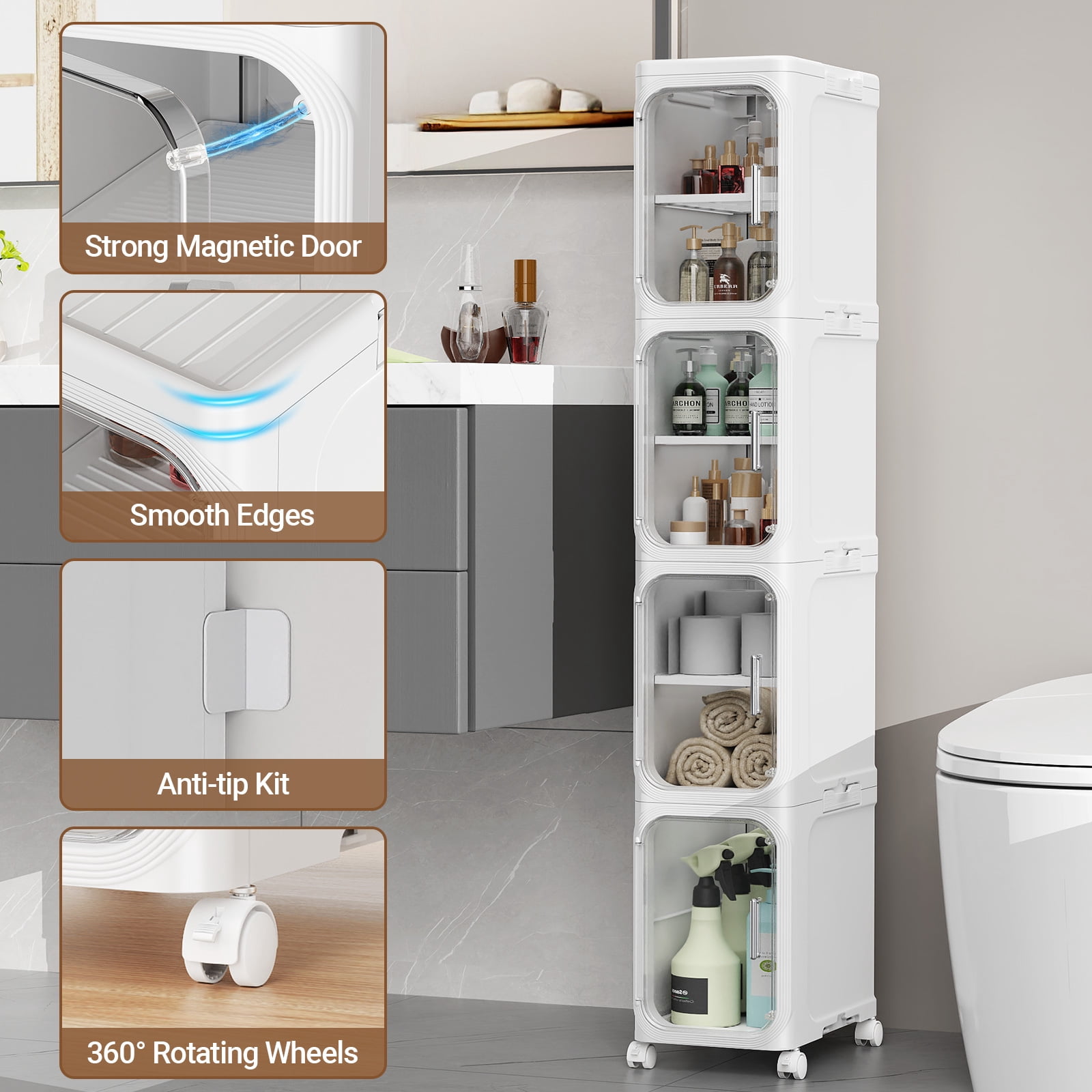 BROVIEW 4-Tier Slim Bathroom Storage Cabinet, Foldable Narrow Bathroom Cabinet Organizer for Small Spaces, Adjustable Fridge & Vanity Gap Storage, Easy Move, White