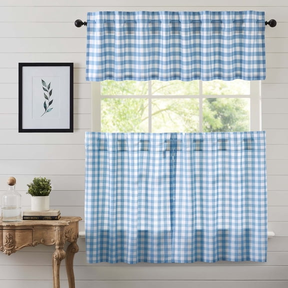 VHC Brands Annie Buffalo Check 3 PC Dusk Blue Curtain Set (1 Valance 16x72 and 2 Tier 36x36)