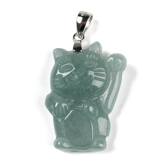Natural Jadeite Carved Pendants Fortune Cat Shape Charms with Rhodium Plated 925 Sterling Silver Snap on Bails 24.5x15.5x5.5mm Hole: 3.5x2mm