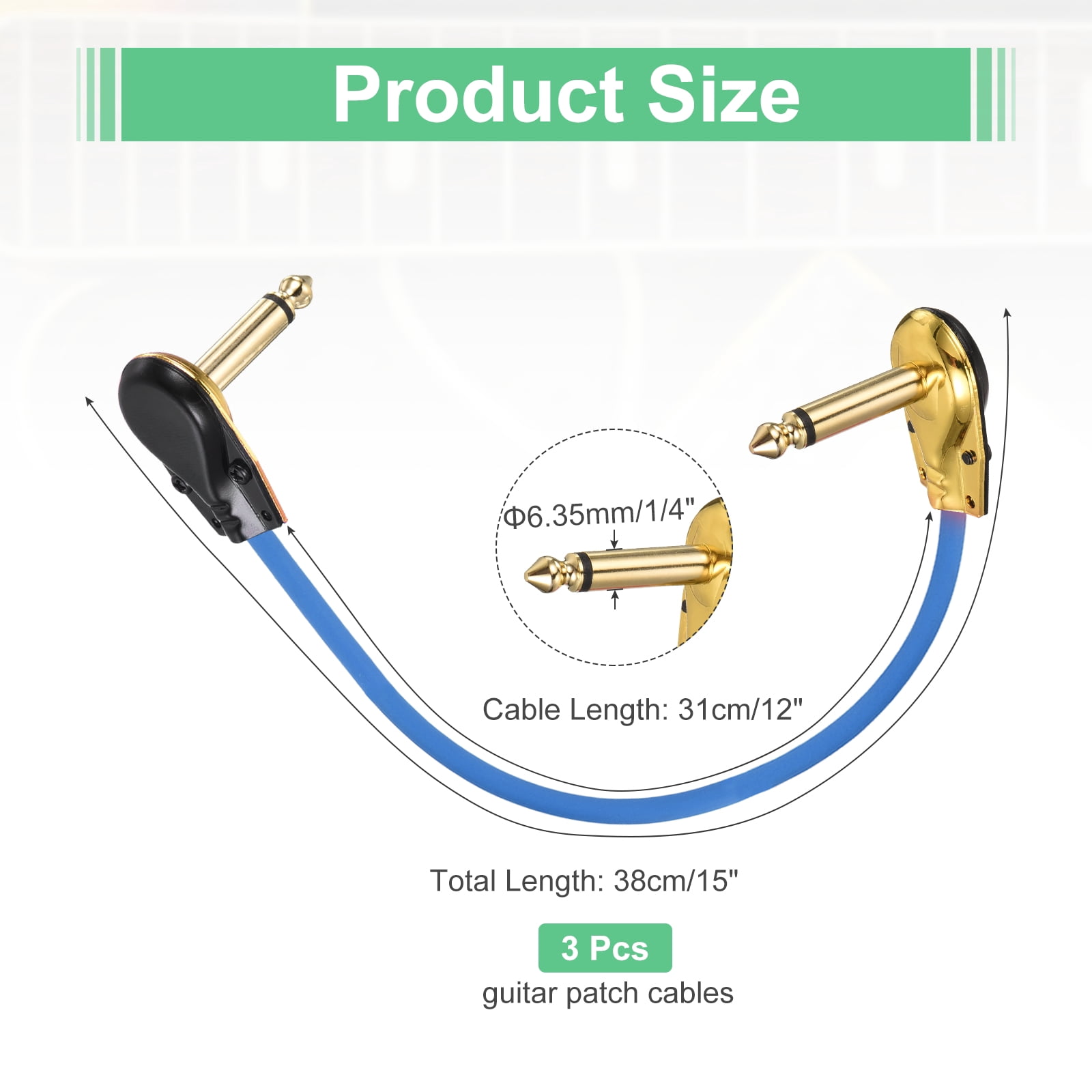 Uxcell 3 Pcs Guitar Patch Cables 15 Inch Pedal Board Cord 1/4 Inch Metal Flat Head TS Right Angle Guitar Patch Effect Cable Cord for Instrument Effect Pedal Mixing Console, Blue