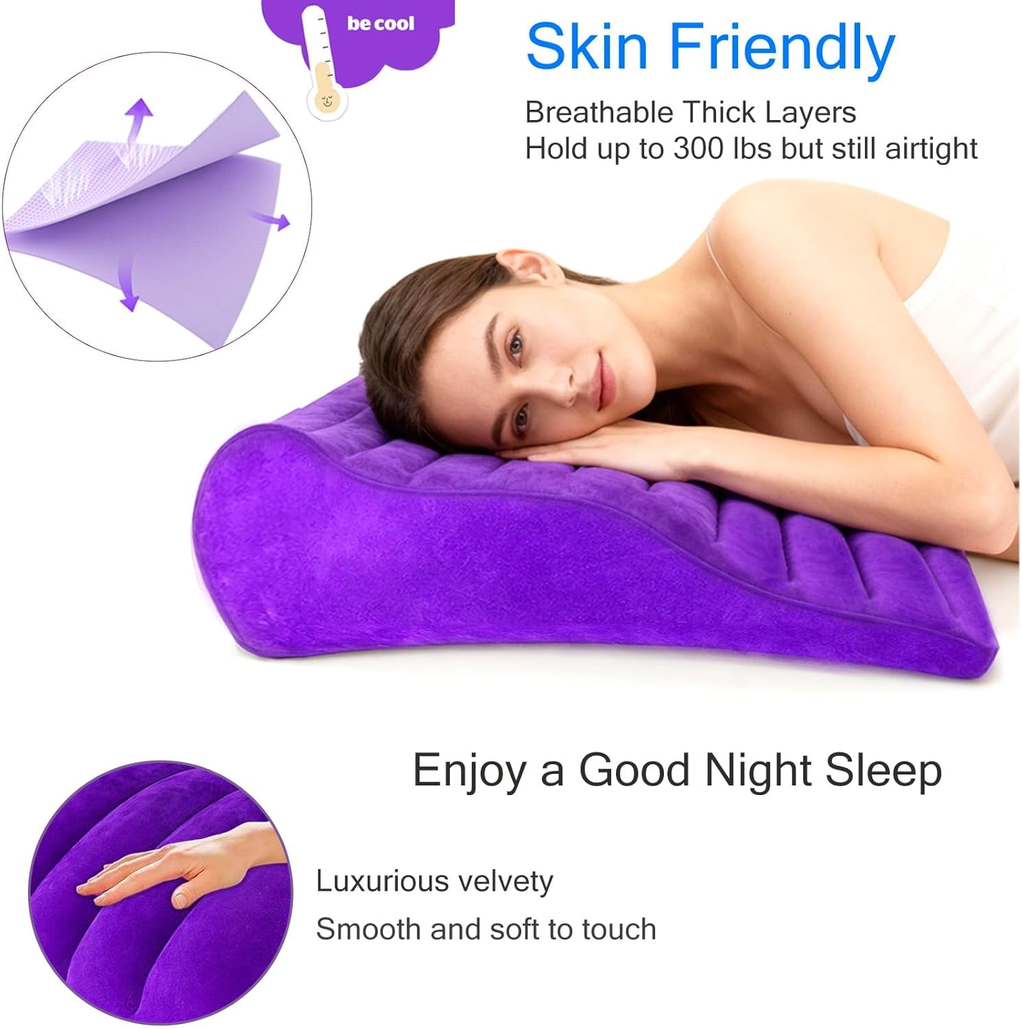 Inflatable Wedge Pillow for Traveling, Lightweight Wedge Pillow for Acid Reflux Relief, Portable Pillow Wedges for Sleeping, Blow Up Travel Pillow for Camping, Back Lumbar Support, Purple