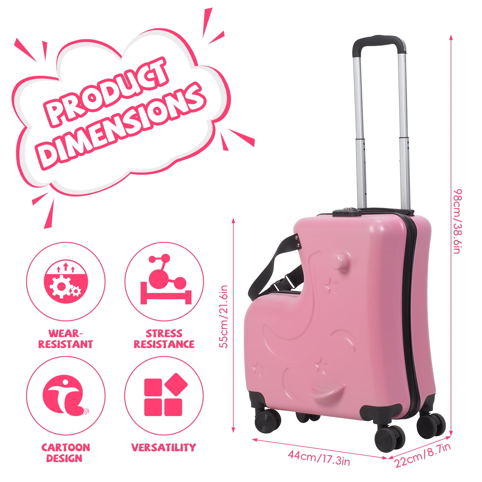 Kids Travel Suitcase with Seat, Large Capacity Carry-On Luggage with Safety Belt & 4 Spinner Wheels, Impact Resistant Rolling Suitcase for Airplane