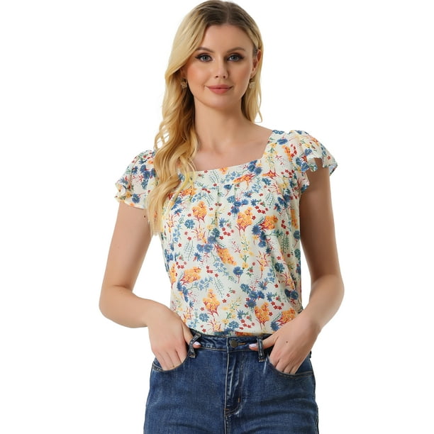Blusa En Capas Manga Corta De Volantes De Gasa Con Cuello Cuadrado Para Mujer Flores Blancas S