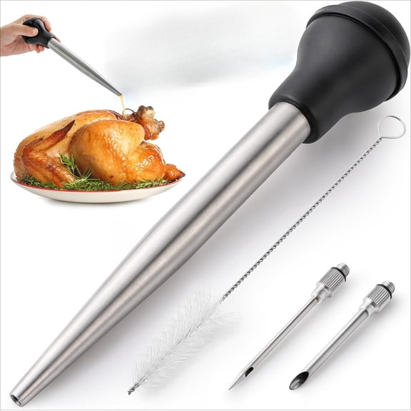 Stainless Steel Turkey Baster for Cooking - Food Grade Metal Baster Syringe & Silicone Suction Bulb - Large Size With 2 Detachable Needles and Cleaning Brush