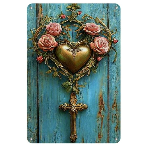 1pc Vintage Iron"Cross & Rose" Wall Art Sign - 8x12 Inches, Teal & Golden with Ornate Cross and Red Roses Design, Ideal for Outdoor Decor, Clubs, or for Man Enthusiasts, Metal Wall Art Decor