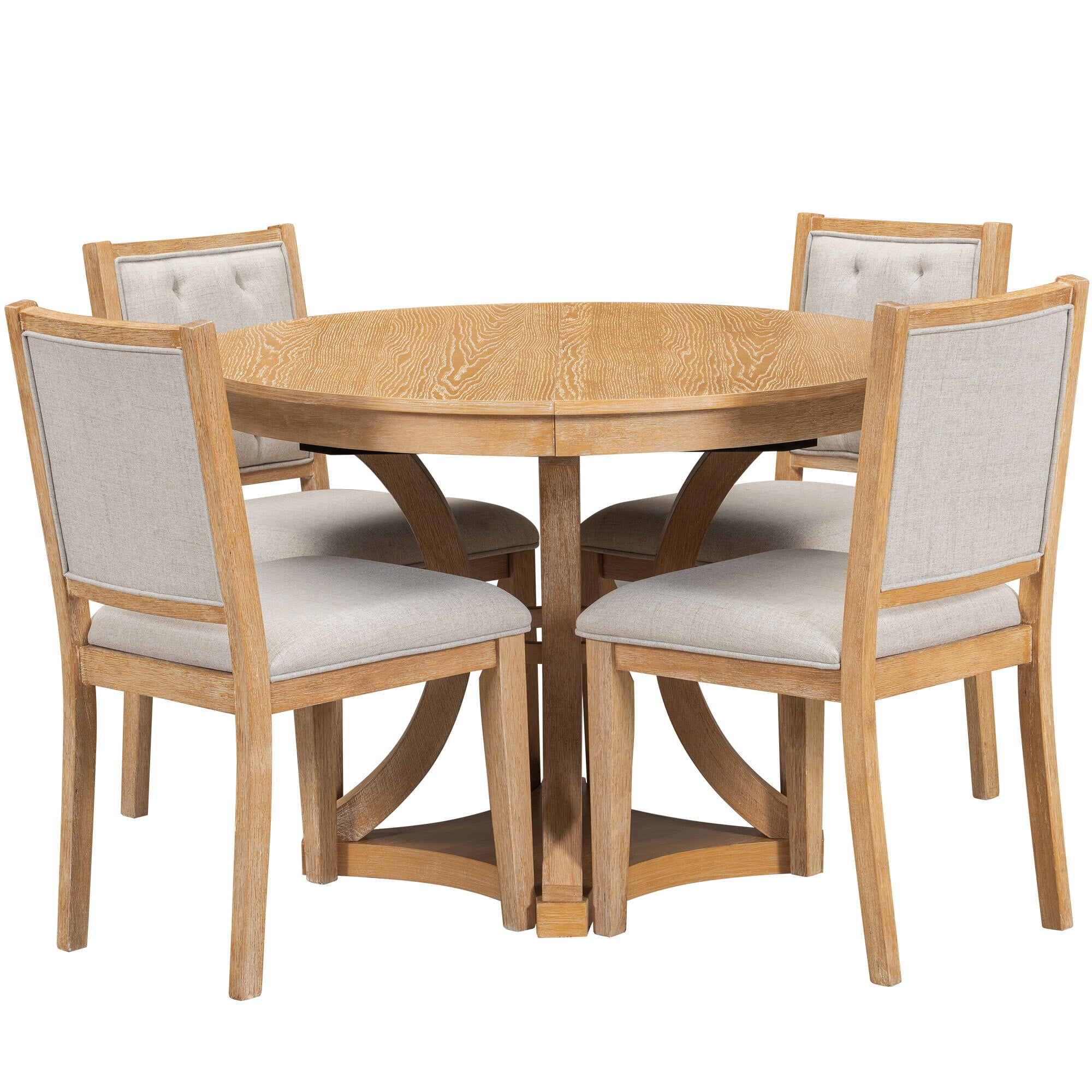 Euroco 5-Piece Retro Dining Table Set for 4,Extendable Round Table and 4 Upholstered Chairs Set for Living Room,Natural
