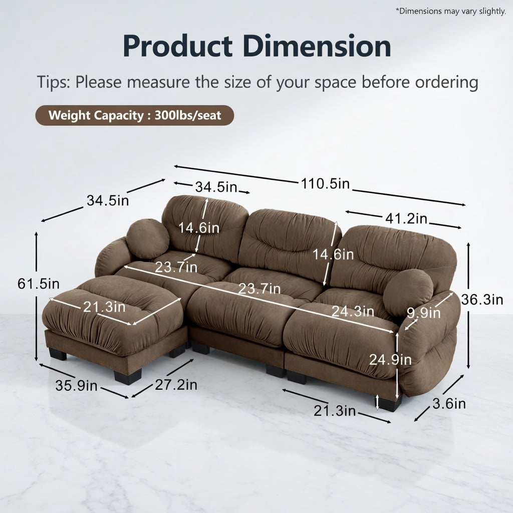 Hommoo Chenille L-Shaped Modular Sectional Sofa with Ottoman, 3-Seater Pleated Back Design, Ergonomic High-Density Foam Cushions & 2 Round Throw Pillows, Brown