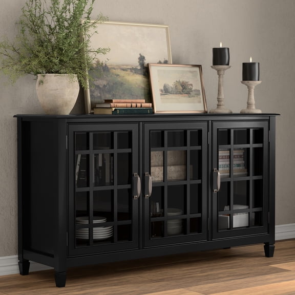 Simpli Home Connaught 60 inch Wide Solid Wood Traditional Wide Storage Cabinet Buffet in Black