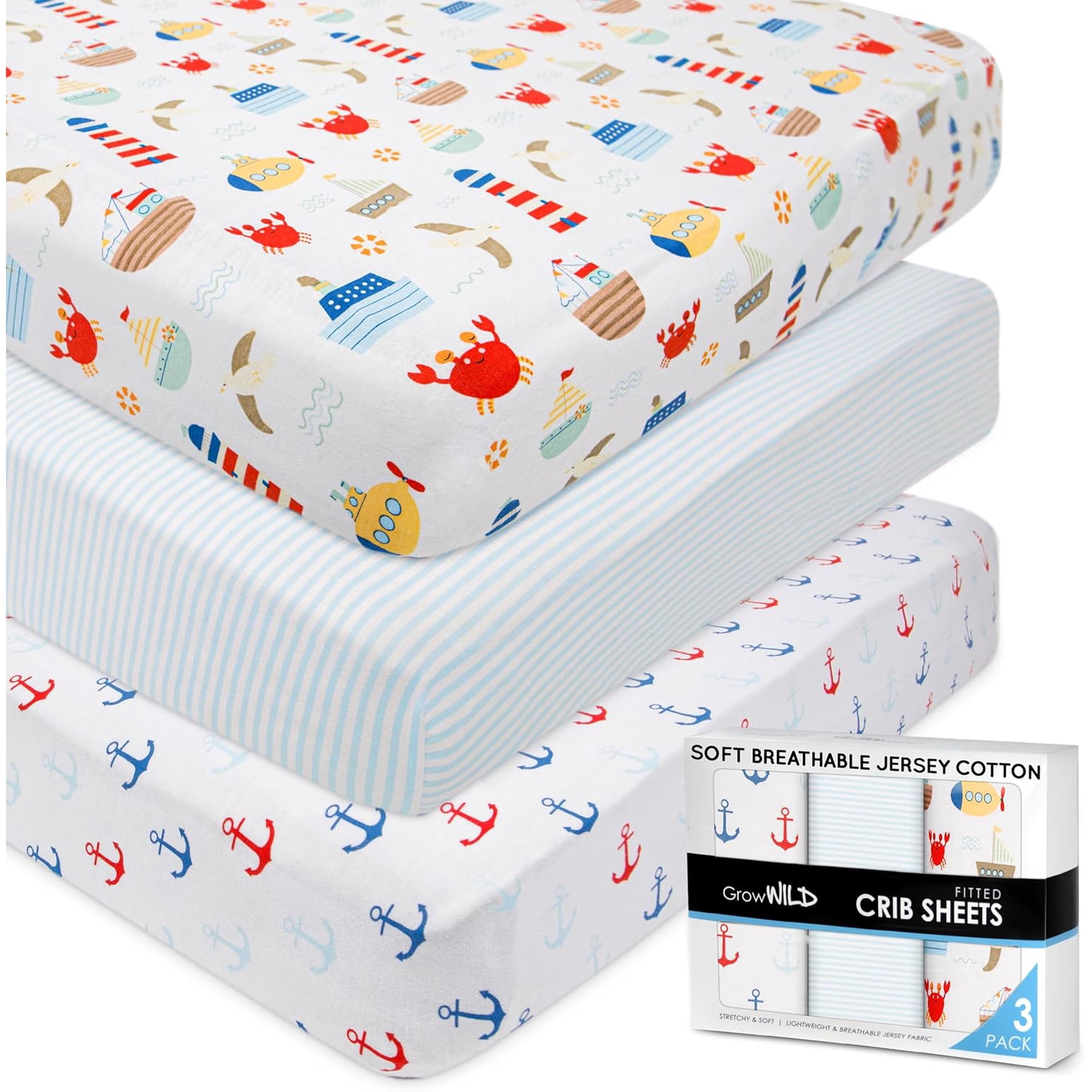 GROW WILD Fitted Nautical Crib Sheets (3 Pack) - Jersey Knit Cotton Boys Crib Sheets - 52”x28”x9”