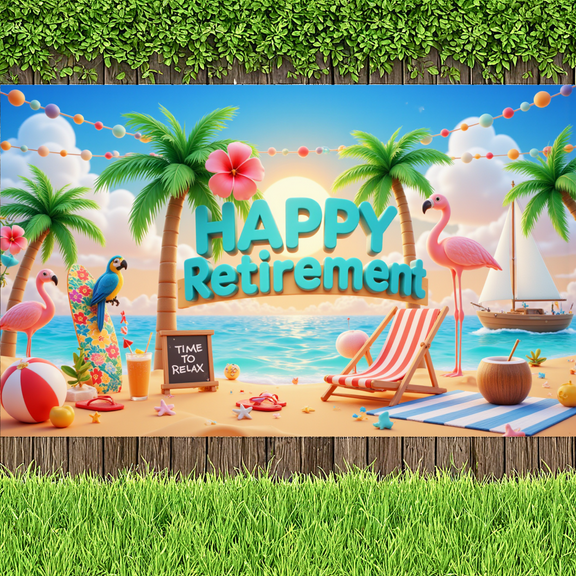 Tropical Design Happy Retirement Beach Banner Decorative Theme Holiday Palm Trees for Retirement Party Outdoor Event Seaside Gathering