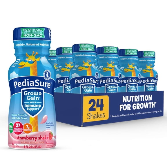 PediaSure Grow & Gain with Immune Support, 7g Protein, Strawberry, 8-fl-oz Bottle, Pack of 24