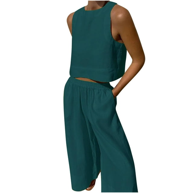 Costumes Décontractés pour Femmes Ensemble 2 Pcs Pantalon à Jambe Grand pour Femmes Ensemble de Vêtements Femme Col Rond Hauts Sans Manches Ensembles de Pantalons Style Pantalon Décontracté S_856 Survêtements pour Femmes Vert-1 S