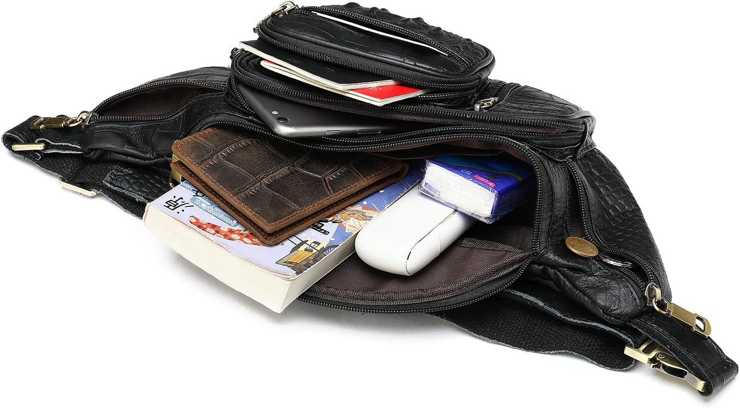 MARRANT Genuine Leather Fanny Pack for Men, Large Capacity Crossbody Waist Bag with Multiple Zipper Pockets,Black Croco