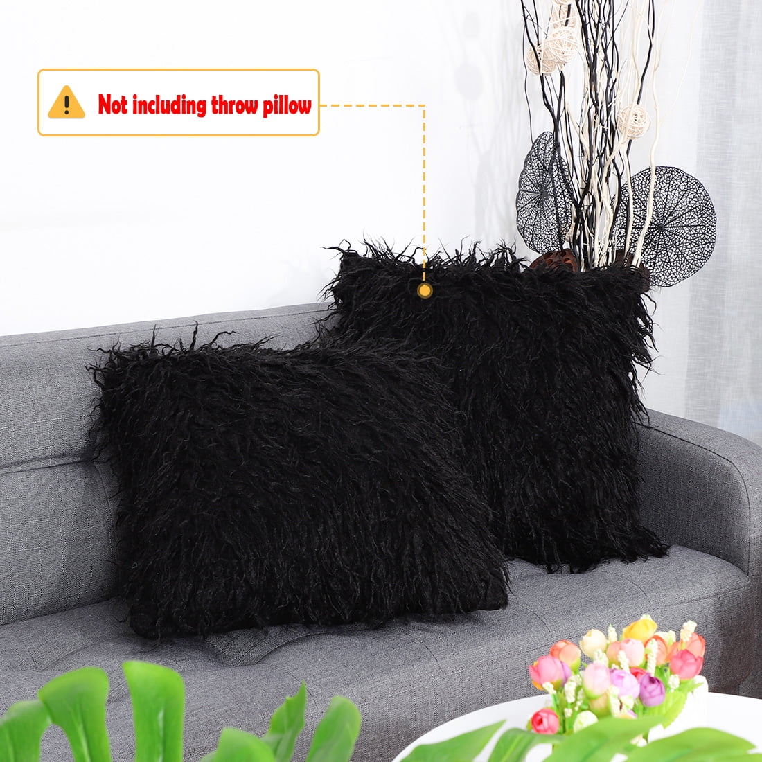 PiccoCasa 2Pcs Shaggy Faux Fur Throw Pillow Covers Soft Plush Cushion Covers, 18"x18" Black