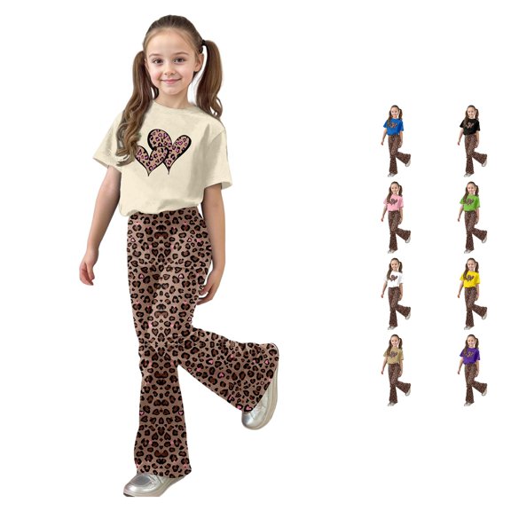 XAOFW Girls Outfits Short Sleeve Leopard Heart Graphic Tees Flared Pants Kids Girls Summer Autumn Cute Clothes Sets 9-10 Years