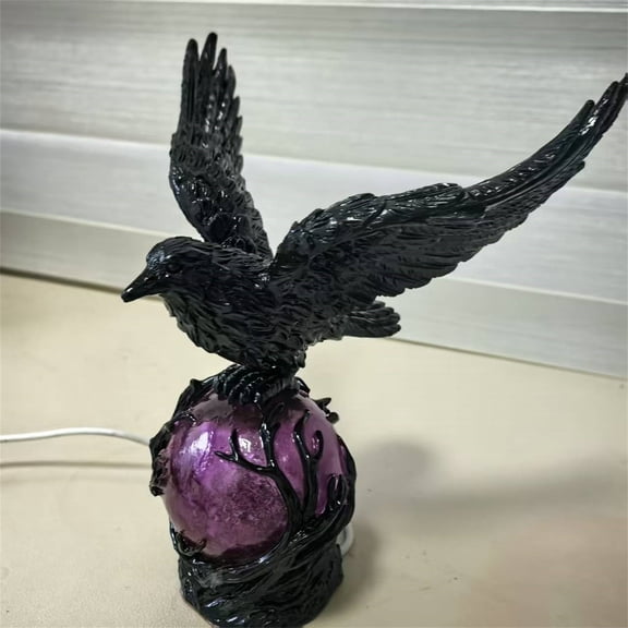 Gothic Decor LED Lamp – Raven's Moonlight Mysterious Crow on Orb Sculpture,Spooky Halloween Glowing Orb Raven Lamps, for Home Decor.