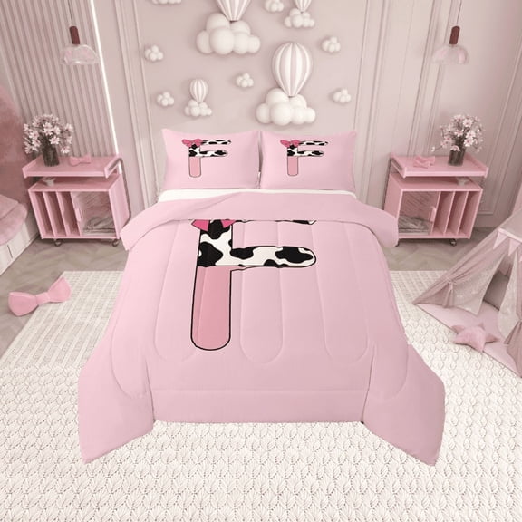 Erosebridal Letter Initial F Bedding Twin Comforter Set,Kawaii Bow Down Comforter,Microfiber Reversible Bedding Sets Twin with Comforter,Cow Print Decor,3pcs
