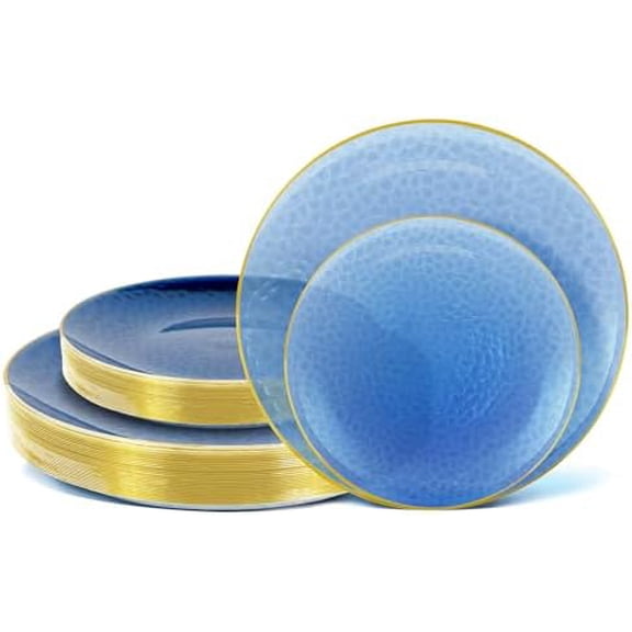 60Pcs Blue Gold Plastic Plates, Blue Disposable Plates With Gold Rim, Plastic Plates Include 30 Dessert Plate 10'', 30 Dinner Plate 7.5'' for Party, Birthdays and Wedding