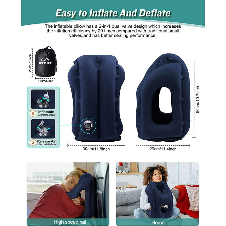 JefDiee Inflatable Travel Pillow, Airplane Neck Pillow Comfortably Supports  Head and Chin for Airplanes, Trains, Cars Office Napping on The Tray Table