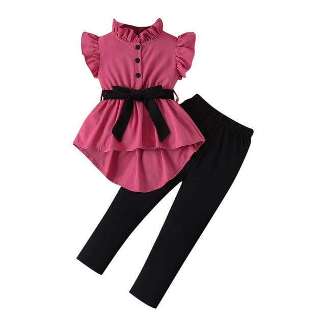 Zpanxa Girls Sets Solid Color Flying Sleeve Stand Collar Ruffled Short Sleeve Top and Long Pants Set 6 Years