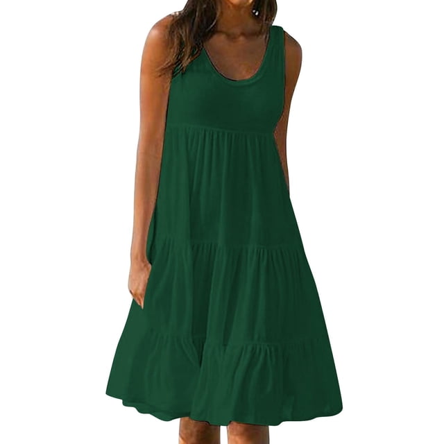 RXMEKW Robe Sans Manches pour Femmes, Robe de Plage Unie à Col Rond avec Jupe Fluide pour Vacances d'Été et Tenue Décontractée