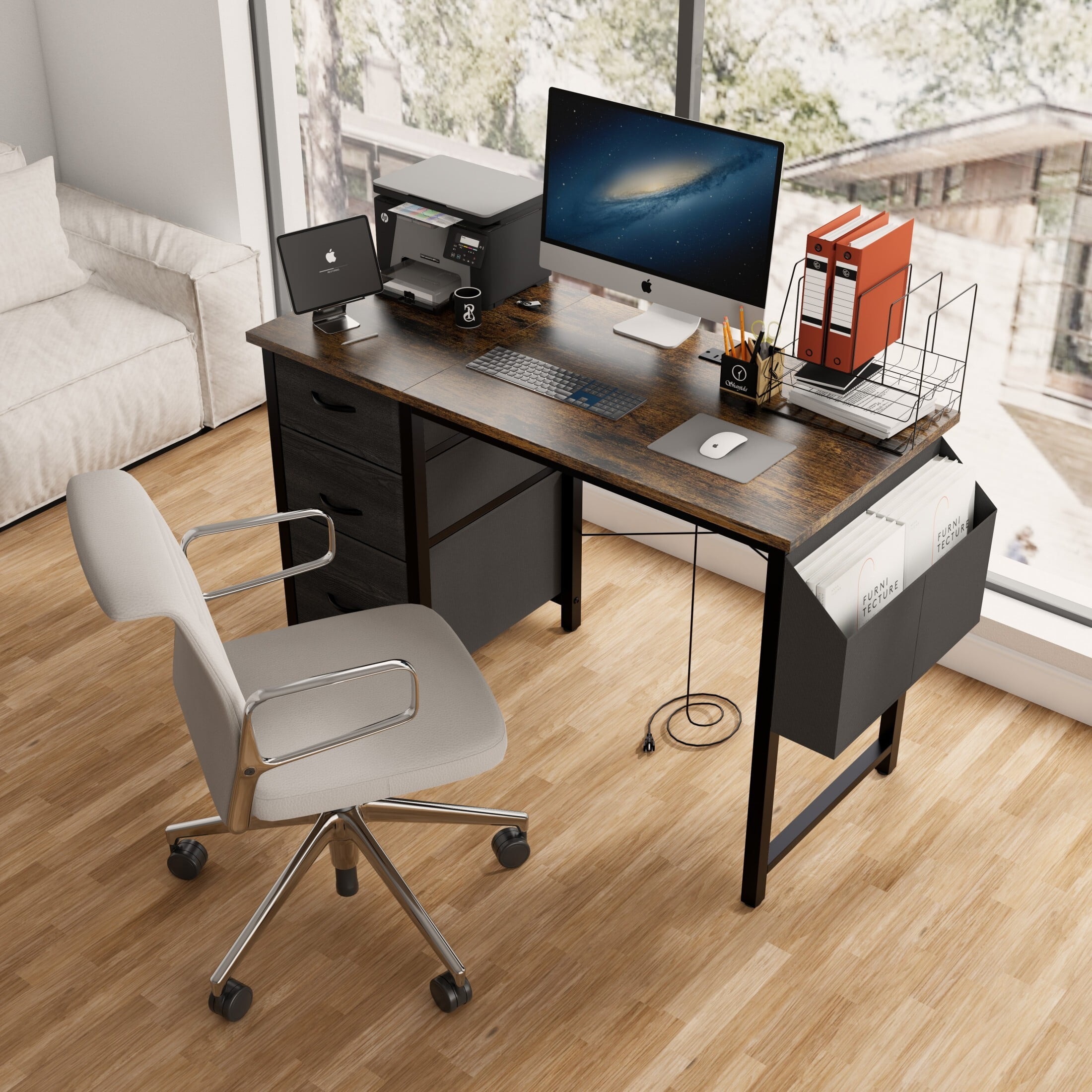 DEALTOPS Computer Desk with Power Outlets, Office desk with Reversible Fabric Drawers and Side Pocket, Rustic Brown