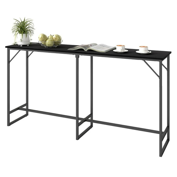 70" Bar Table with Charging Station, Industrial Rectangular Bar Height Pub Table with Steel Frame, Black Wood Grain