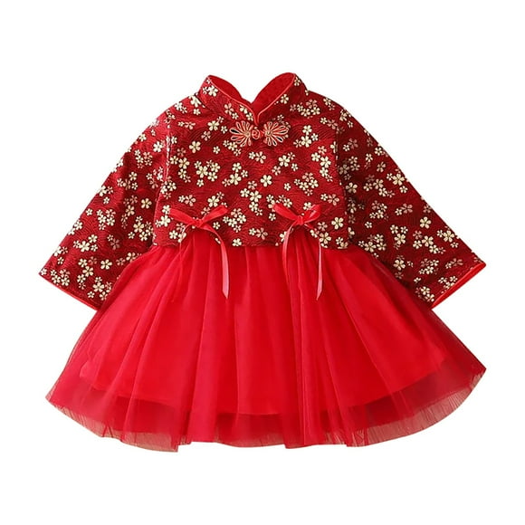LUOGENLI Dress Toddler Kids Baby Girls Children Fairy Dresses for Chinese New Year Princess Dresses Embroidery Tang Suit Performance Jean Dress for Girls Denim Plus Size Red 6-12 Months