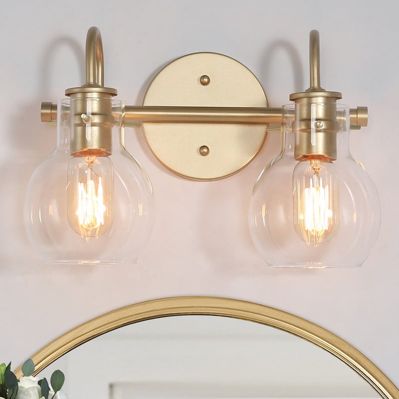 LNC 2-Light Gold Round Clear Glass Modern Bathroom Vanity Lighting Fixutre,13"Lx9"Hx7"D
