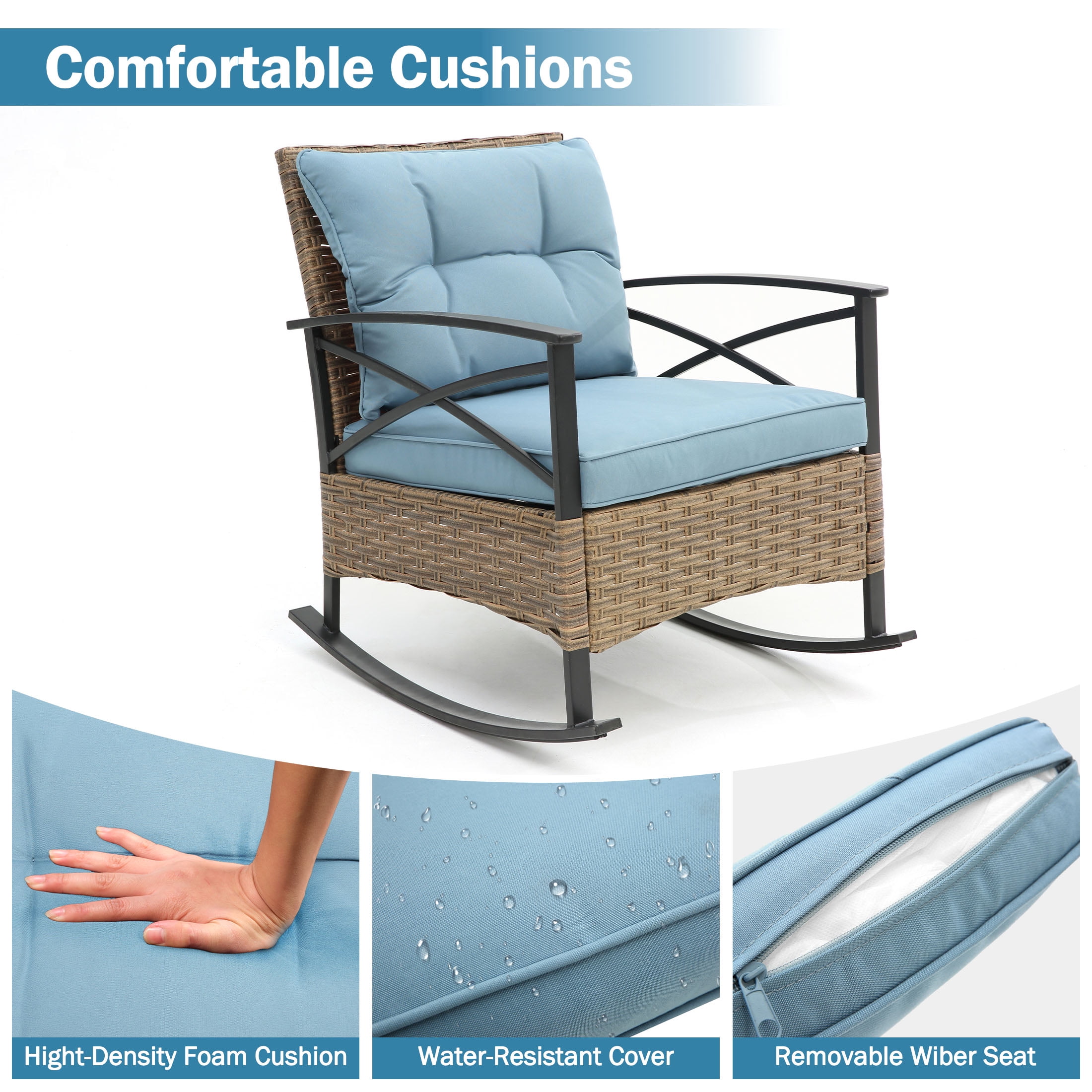 Segmart 3PCS Patio Rocking Bistro Chairs Set, Front Porch Furniture Sets with Cushions,Outdoor Rattan Wicker Sofa Chairs and Table,250Ibs, Blue