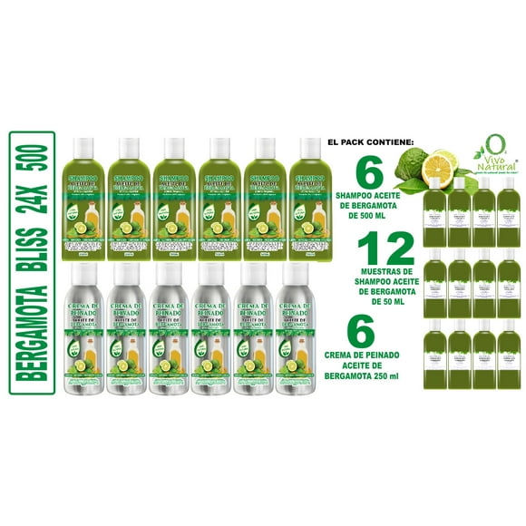 Bergamota Bliss 24X 500 VIVONATURAL. 6 Shampoos Aceite de Bergamota 500 ml + 6 Cremas para Peinado Aceite de Bergamota 250 ml + 12 Muestras Shampoo Aceite de Bergamota 50 ml