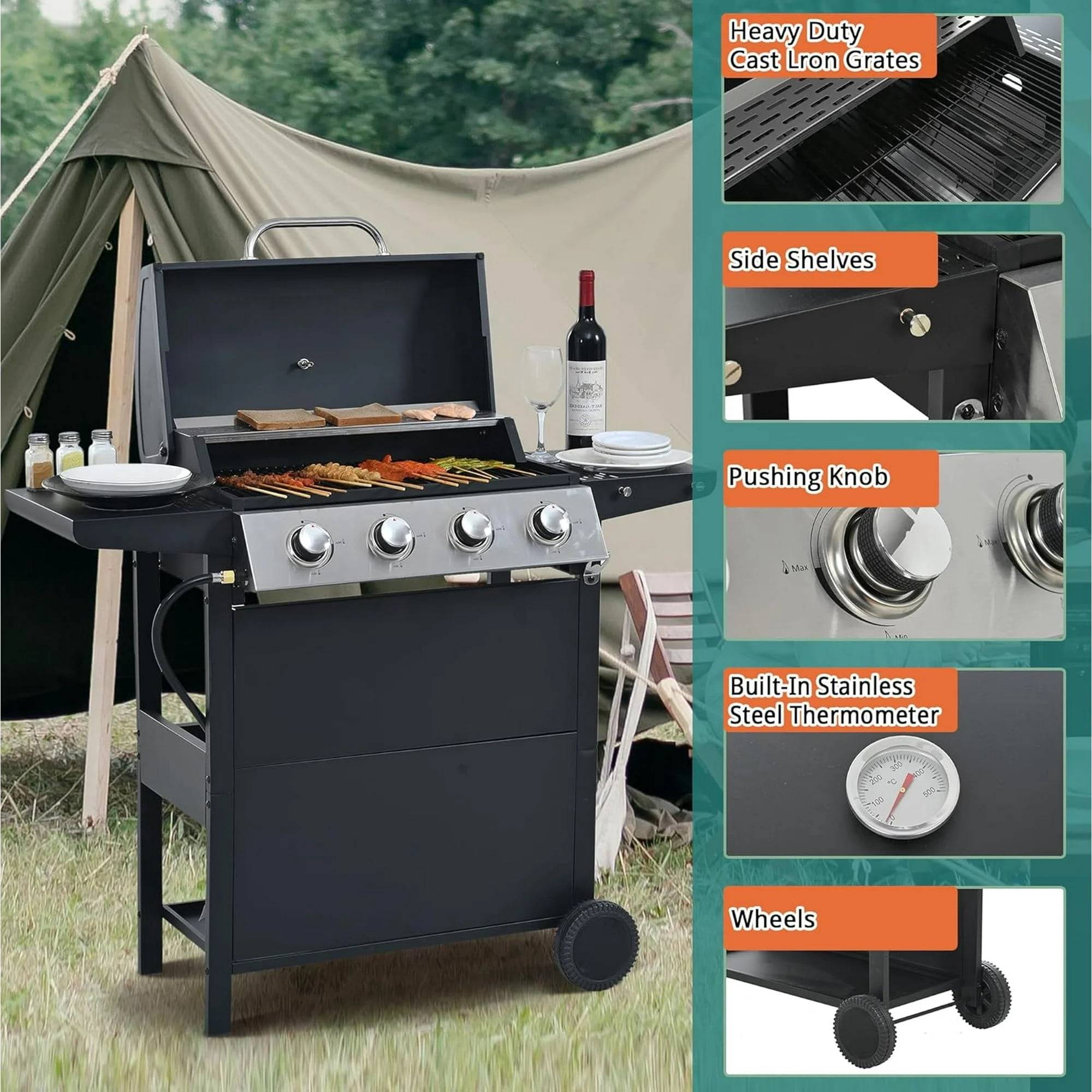 4 Burner Grill Propane Gas Grill, Outdoor Stainless Steel 37230 BTU Patio Garden BBQ Grill with Lid, Wheels for RV Camping Barbecue