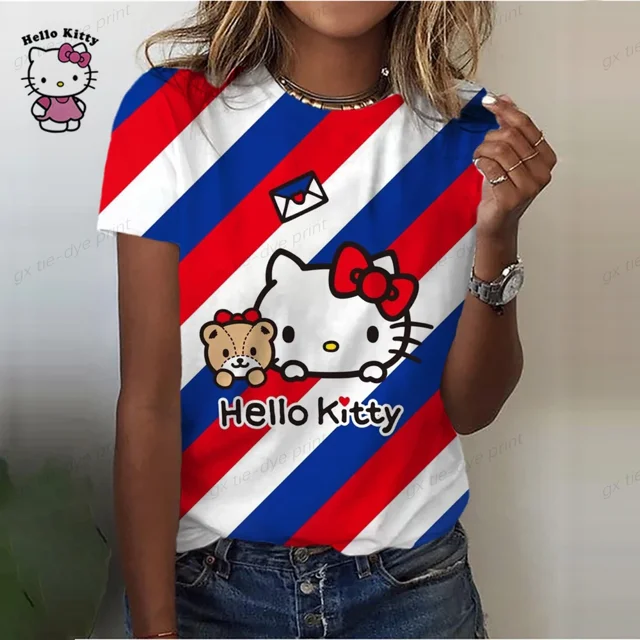 T-Shirt Mode Adorable Hello Kitty Impression 3D Femmes Dames Filles Dessin Animé Harajuku Col Rond Manches Courtes Unisexe Hauts et T-Shirts d'Été 5TG ZR