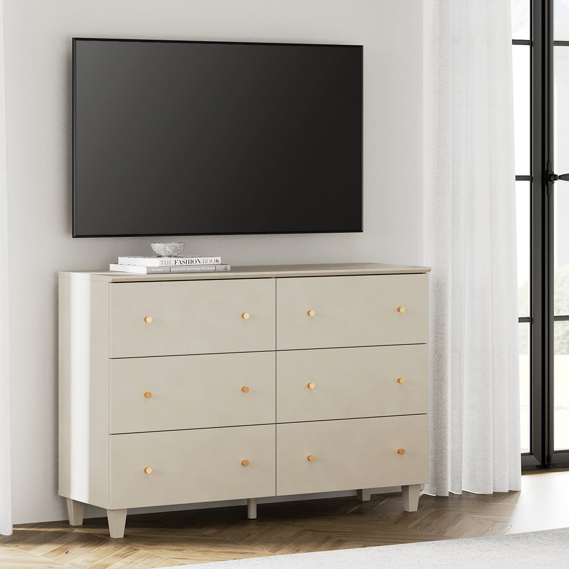 Wooden Dresser TV Stand for TVs up to 55 Inches, Beige Entertainment