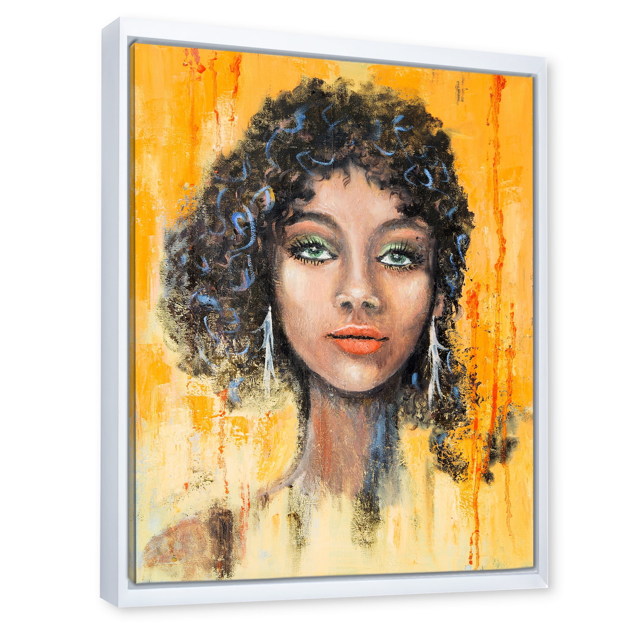 Designart 'Girl Face With Green Eyes & Black Hair Impression' Modern Framed Canvas Wall Art Print