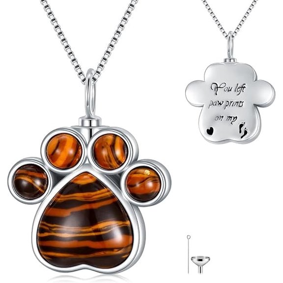 CACA LADY Paw Urn Necklace for Ashes with Tiger Eye 925 Sterling Silver Pet Cremation Jewelry for Ashes Memorial Keepsake Jewelry