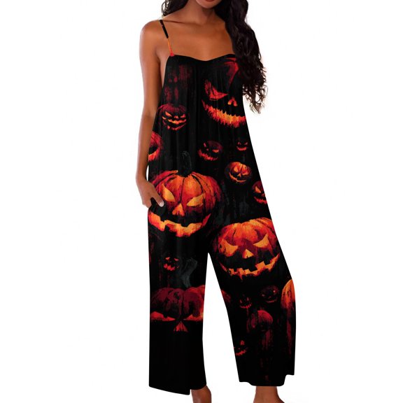 Women's Halloween Jumpsuits Ghost Skeleton Halter Backless Horror Rompers Pumpkin Spiderweb Sleeveless Spooky Overalls, S