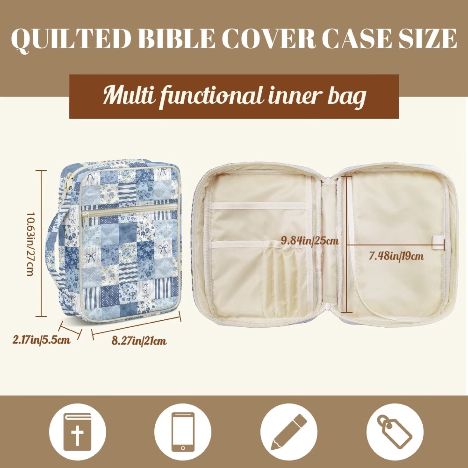 Pzuqiu Spliced Flower Womens Bible Study Supplies includes 75 Bible Tabs & 12 Bookmarks Vintage Scripture Case Church Bag Protective with Handle and Front Pocket Christian Gifts