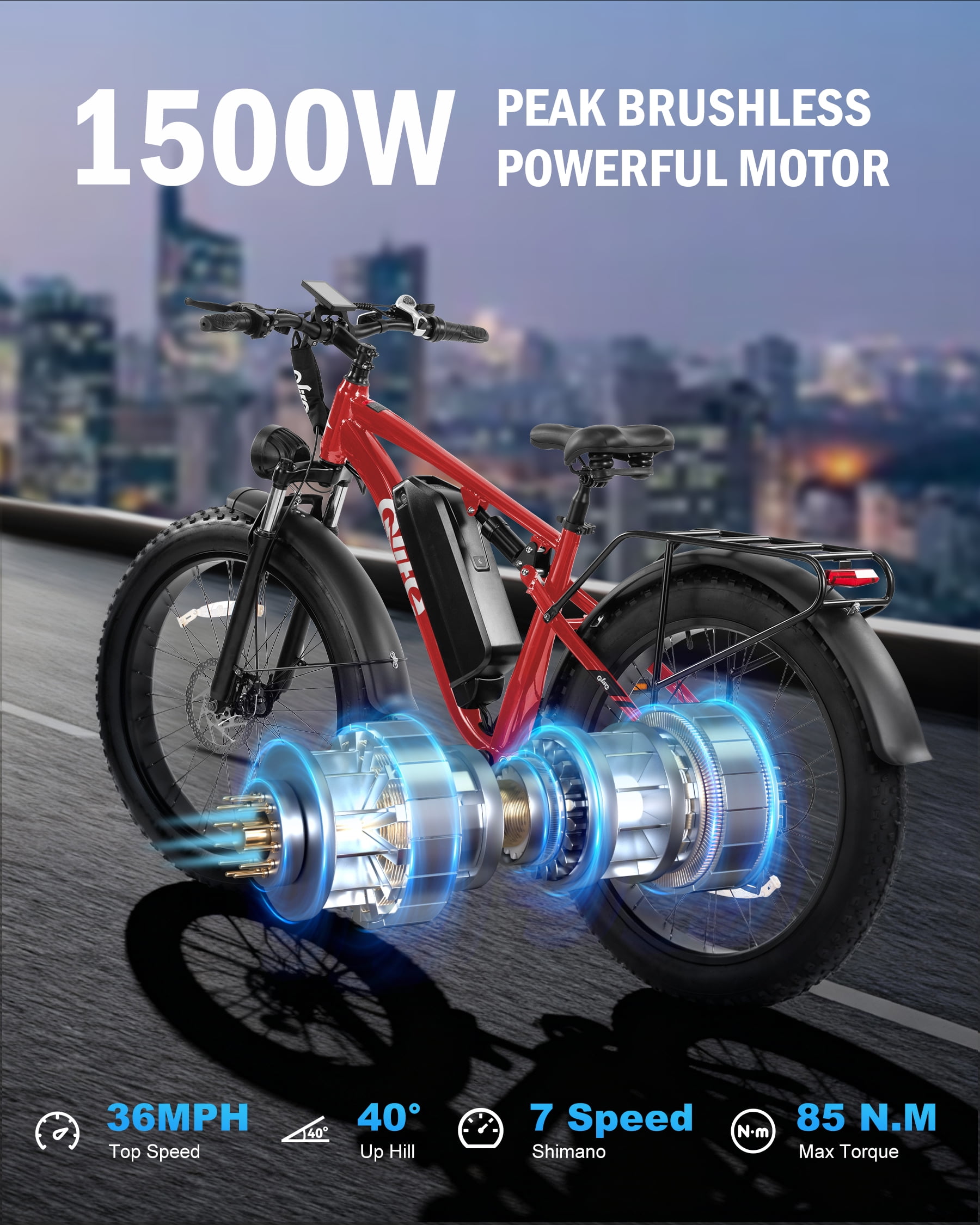 Qlife Racer Plus Electric Bike for Adults Peak 1500W Motor Up to 36MPH, 4.0 Fat Tire Mountain Bicycle with 48V 15.6AH 7 Speed Full Suspension Ebike(Red)