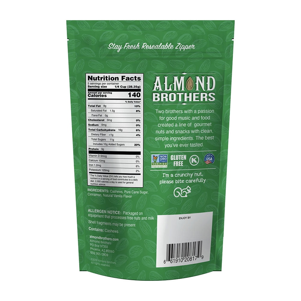 Pack of 6, Almond Brothers Cinnamon Roasted Cashews, 5 oz