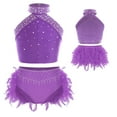 thumbnail image 3 of Linjinx Kids Girls 2 Piece Jazz Latin Ballroom Dance Outfits Shiny Rhinestone Halter Crop Tops with Purple 8, 3 of 4