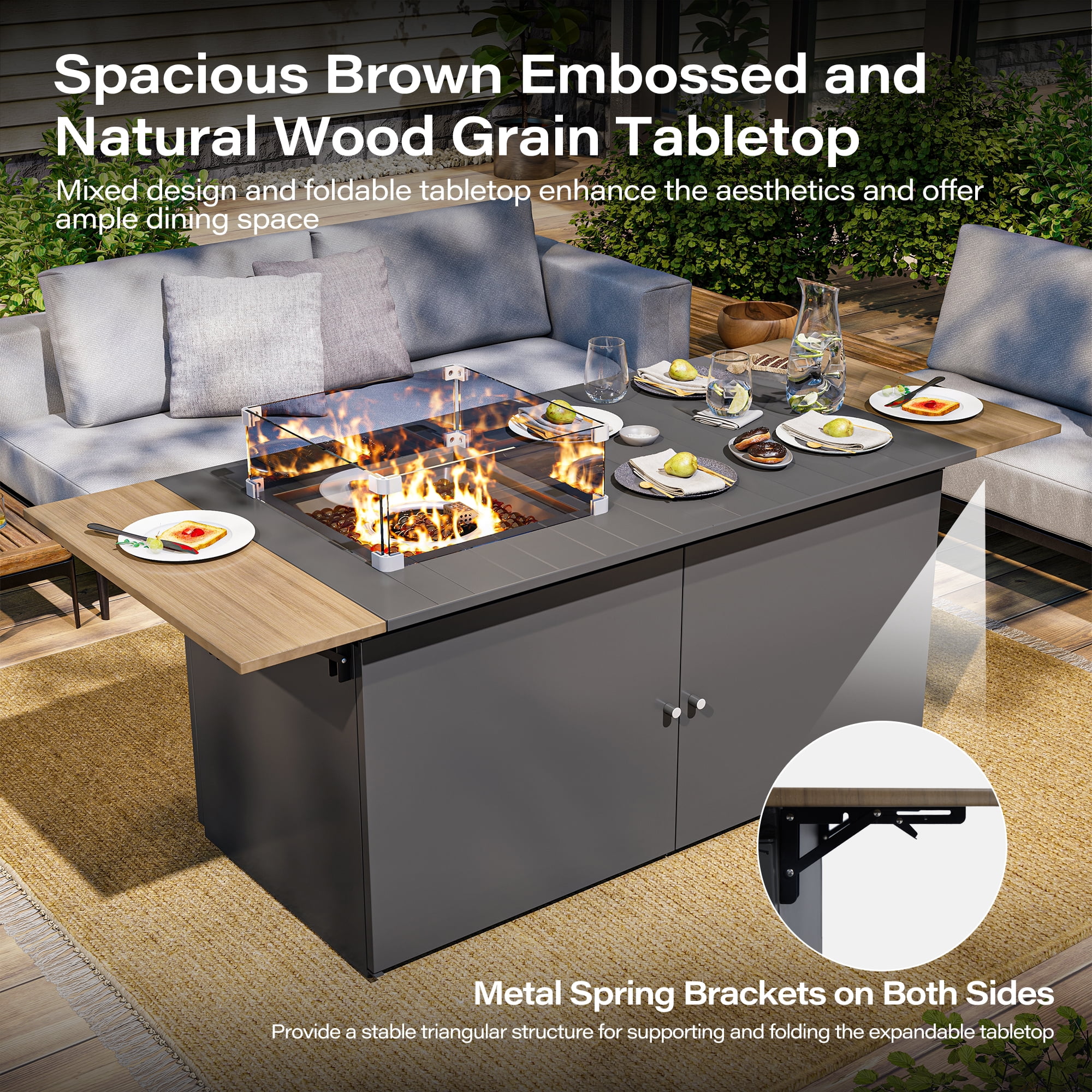 KAMEROUT 64" Outdoor Fire Pit Table , 50,000 BTU Patio Propane Fire Pit with Foldable Tabletop & Wind Guard, Black